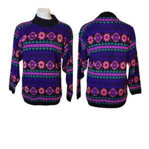 Glamour Knit Mock Neck Sweater Pullover Blue Long Sleeve Geometric Sz 14 READ